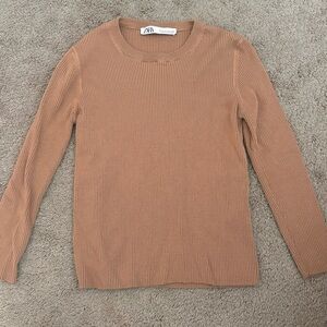 Zara Women's Camel Ribbed Crew Neck Sweater